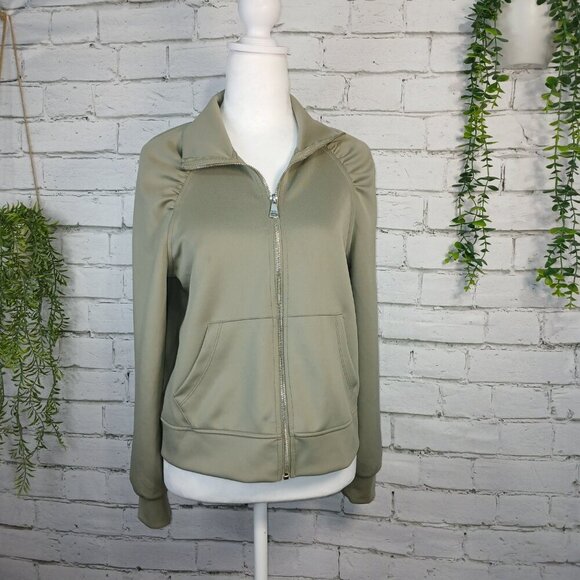 WOMENS DKNY OLIVE ZIP UP JACKET,  SHOULDERS ARE GATHERED, CUFFED SLEEVES SIZE S - Picture 7 of 10